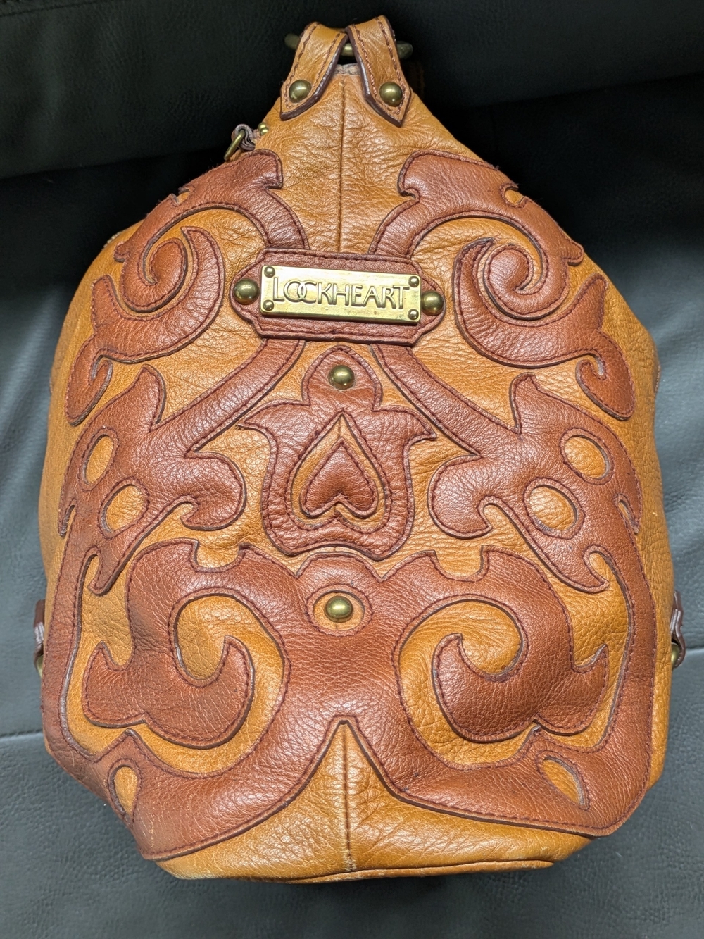 Vintage LOCKHEART Brown Leather Moroccan Applique Hobo Tote Handbag